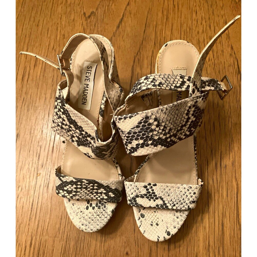 Steve Madden Sarena Snake Print Strappy Open Toe Block Heel Ankle Strap 7